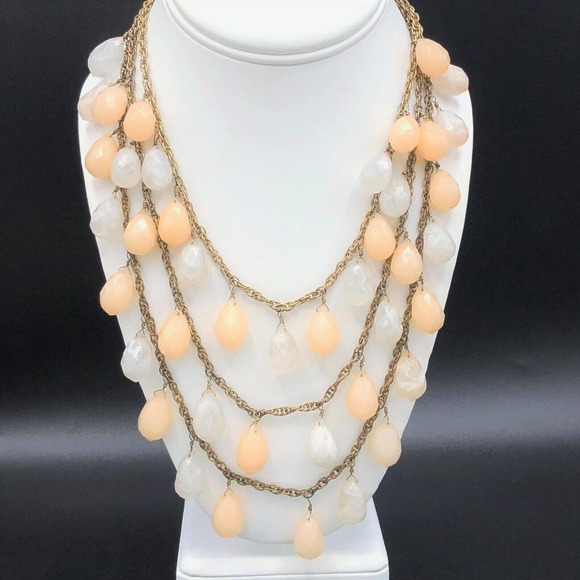 Lydell NYC 3 Strand Necklace Pastel Peach Milky Clear Faceted Briolette Beads - Picture 2 of 11